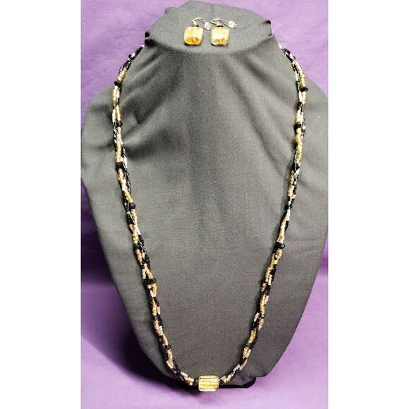 Gold Foiled Glass Black & Gold AB Glass Bead Necklace W/ 14KGF Matching Earrings - Picture 1 of 12